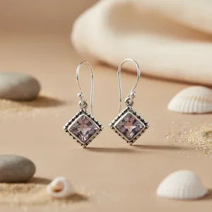 Boucles d'oreilles pendantes géométriques vintage Art Palace avec pierre naturelle en alliage plaqué argent 925 pour femme - Product Image 1