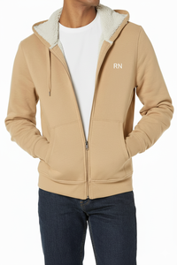 Sweat-shirt à capuche doublé en polaire sherpa avec logo RN de haute qualité pour hommes, style streetwear, fermeture éclair quart de tour, couleur kaki, uni, teinture unie, vente en gros - Product Image 3