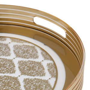 ถาดเสิร์ฟโลหะสีทองทรงกลมพร้อมที่จับและฐานลายดอกไม้ถาดตกแต่งหรูหราสำหรับขนมชากาแฟและของตกแต่งบ้าน - Product Image 3
