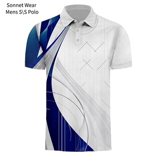 Polo à manches courtes pour homme, imprimé géométrique, séchage rapide, décontracté, tricoté en polyester, blanc et bleu - Product Image 1