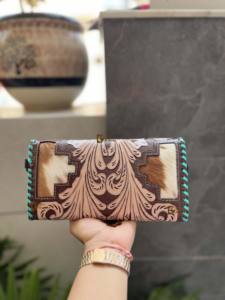 Cartera de Color turquesa de Walle tallada a mano de nuevo diseñador para mujer, funda de teléfono de embrague, elegante Cartera de piel de vaca multiusos - Product Image 4