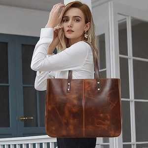 Bolso Tote de Cuero Genuino Marrón Vintage para Mujer, Bolso de Hombro Grande, Bolso para Portátil de Trabajo, Bolso de Mano con Dos Correas - Product Image 4