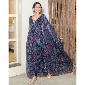 Conjunto de Traje Bandhani Azul para Mujer, con Bordado, Estampado Floral con Volantes, Largo hasta la Rodilla, Elegante, Tradicional, Étnico - Product Image 1