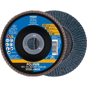 แผ่นขัดทรงกรวย POLIFAN Z PSF STEELOX ขนาด 125 มม. ความหยาบ 60 สำหรับเหล็ก/INOX ซิร์โคเนีย คอรันดัม PFERD-Pack บรรจุ 10 แผ่น - Product Image 1