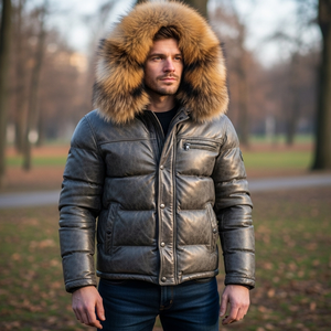 Blouson en cuir matelassé LEATHER SPOT avec capuche en fourrure de renard brun, motif écossais, respirant, décontracté, fermeture éclair, pour homme - Product Image 6