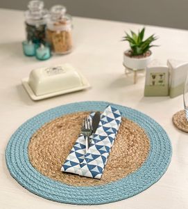 Round Verona Woven Jute Cotton Braided Placemat for Dining <b>Table</b> Decor Wedding Family Gatherings Parties With Aqua <b>Blue</b> Border - Product Image 4
