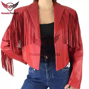 Womens Real Red Leather <b>Jacket</b> Fringe Tassels Lapel Sheepskin <b>Western</b> Cowgirl Cropped Coat Custom Vintage Winter Outerwear - Product Image 6