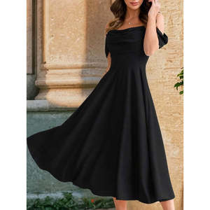 Robe longue évasée en crêpe importé pour femme, à bretelles, épaules dénudées, décolleté cœur, 37501 - Noir - Product Image 4