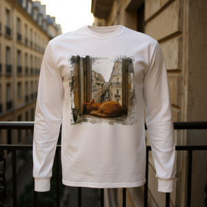 T-shirt a maniche lunghe con gatto parigino che dorme, top promozionale con grafica ispirata ai gatti - Product Image 3