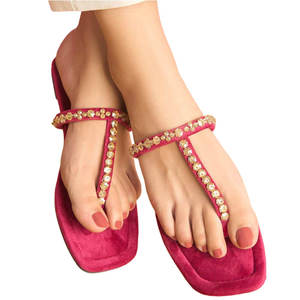 Unique Style Custom Made Women Kolhapuri Customizable Hot Pink Anti-Slippery Printed Velvet Upper Footwear - Product Image 1