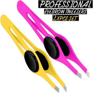 SET 2 Pinzas profesionales para pestañas de acero inoxidable con punta inclinada Pinzas antideslizantes para el vello facial con punta inclinada en amarillo y rosa - Product Image 5