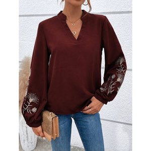 Blusa de viscosa de dos hilos con cuello en V y mangas largas con estampado floral, 38144 - Café - Product Image 1