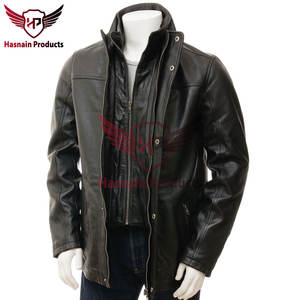 Chaqueta de cuero negro para hombre con cuello desmontable-Tela clásica con asa, chaqueta de cuero con bolsillos recortados en cuero - Product Image 2
