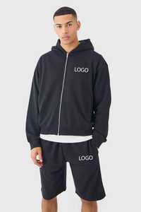 Conjunto Deportivo de Sudadera con Capucha y Pantalones Cortos de Algodón para Hombre, Estilo Holgado con Hombros Caídos y Cremallera, Unisex, para Fitness, Jogging, Ropa Profesional - Product Image 2