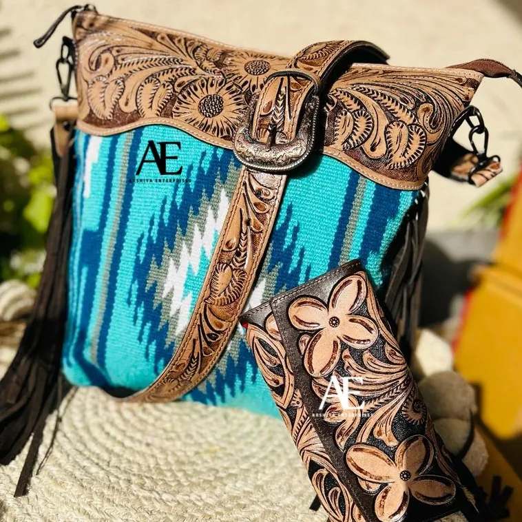 High Quality New Western Style Aztec Tooled Leather Handbag Women Tooled Colorful Embossed Floral Print Clutch Unique Combo Set