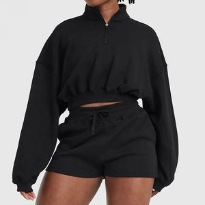 Sweat-shirt personnalisé pour femme, à capuche, léger, en coton, court, avec fermeture éclair 1/4, coupe oversize, épaules tombantes, décontracté, broderie 3D - Product Image 3