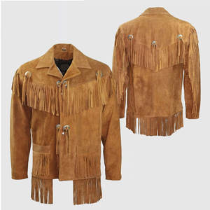 แจ็กเก็ตหนังคาวบอยสีน้ำตาลสำหรับผู้ชายหนังกลับแท้ประดับด้วยลูกปัด2024สไตล์ตะวันตก - Product Image 6