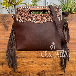 Manufacturer Wholesale Prices Hand Tooled Genuine Leather Fringe Crossbody Shoulder Bag for Women's Cowhide Top Handle <b>Handbags</b> - Product Image 1