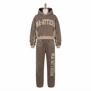 Custom <b>Women</b> Washed Oversized Cropped Hoodie and Wide Leg <b>Sweatpants</b> Two Piece Tracksuit Set - Product Image 4