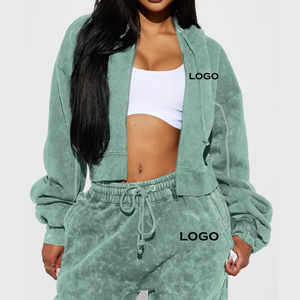 Fabricant Applique Sweatsuit Acid Wash Cropped Hoodie and Sweatpants Set Tracksuit for Women - Product Image 4
