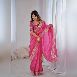 Sari en soie mono premium Noha Crush non cousu avec blouse, broderie lourde fantaisie, travail de paillettes, tenue de soirée, mariage - Product Image 6