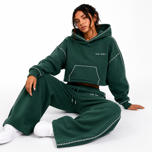 ONEAPEX SPORTS WEAR Women's Emerald Green Rhinestone Cropped Hoodie Tracksuit Premium Heavyweight Cotton <b>Wide</b> <b>Leg</b> Streetwear - Product Image 4
