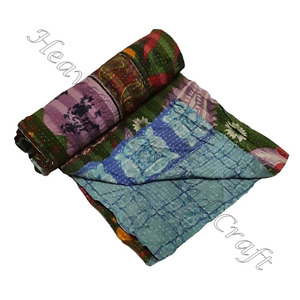 Paradise Print Kantha <b>Quilt</b> Cotton Kantha <b>Quilt</b> Blanket <b>Throw</b> Bedspread Indian Reversible Hand Stitched Heavy <b>Throw</b> Old Sari - Product Image 2