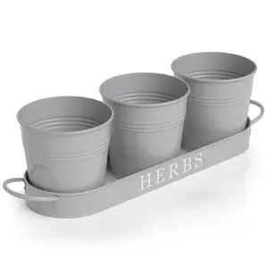 Superior Quality wholesale Indian Supplier Grey Metal 3 Planter Set with Caddy Tray For Home Kitchen counter Patio Office Decor