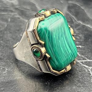 Large Square <b>Silver</b> Malachite Gemstone <b>Ring</b> for <b>Men</b> Unique Sterling <b>Silver</b> Jewelry Gift for Him on Fathers Day - Product Image 3