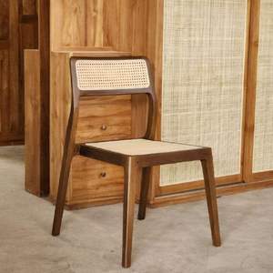 Sillón de Madera Maciza con Inserto de Ratán y Cuero PU, Silla de Comedor Moderna para Comedor, Apartamento, Villa, Bodega, Taller - Product Image 4
