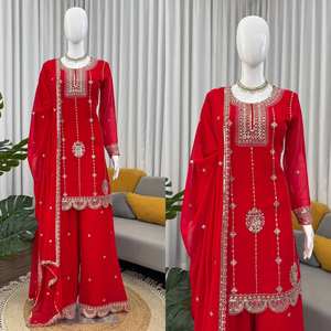 Ensemble Sharara pour femme avec dupatta, en faux georgette, travail de séquence, pour mariage - Product Image 2