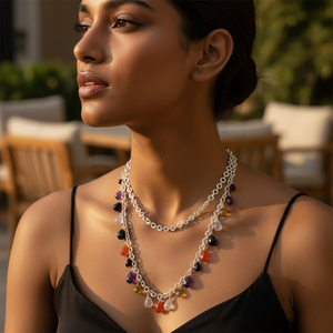 Collier en argent 925 en forme de larme pour femmes, accessoire fin à plusieurs pierres précieuses - Product Image 2