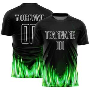 Maillot de football personnalisé noir et vert néon flamme - Respirant, antibactérien, léger, séchage rapide, col rond, manches courtes - Product Image 2