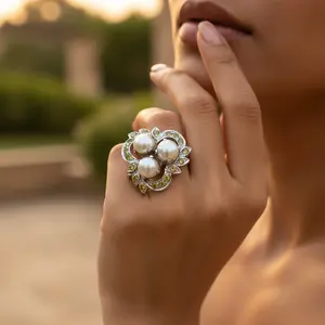 Bague en argent 925 avec perle et péridot pour femmes, bague élégante en pierres précieuses - Product Image 2