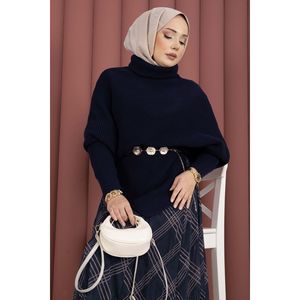 Suéter de Punto Asimétrico Azul Marino para Mujer, Transpirable, Diseño Casual Estampado con Logotipo Frontal para Invierno - Product Image 2