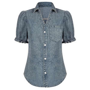 Camisa vaquera con dobladillo curvo tejido Vintage para mujer, Manga corta acampanada, cuello vuelto, blusas informales, blusa, ropa - Product Image 1