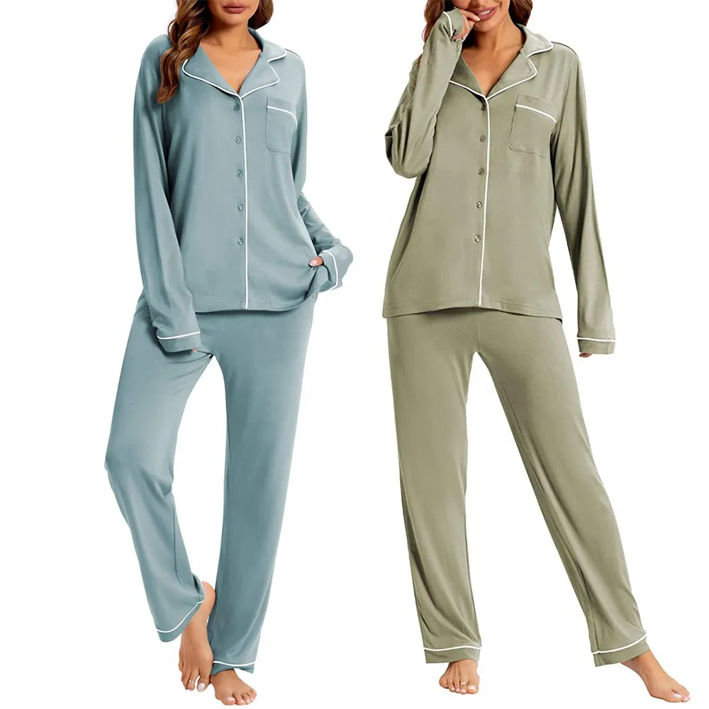 Pyjamas en bambou pour femmes, col à encoche douce, manches longues, vêtements de nuit en bambou boutonné, ensembles de pyjama pour femmes