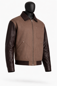 เสื้อแจ็คเก็ตบอมเบอร์ผ้าวูลผสมสองสี แขนหนังเทียม สไตล์ลำลอง ซิปหน้า เสื้อคลุมแนวสตรีท - Product Image 3