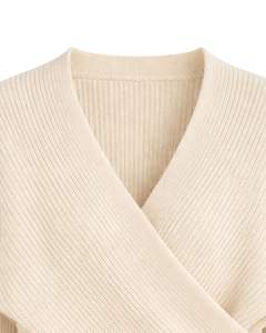 Manufacturer Customized Women <b>White</b> Ribbed Knit Wrap Sweater <b>Long</b> <b>Sleeve</b> V Neck Cross Front Casual Elegant Winter Fashion <b>Top</b> - Product Image 4