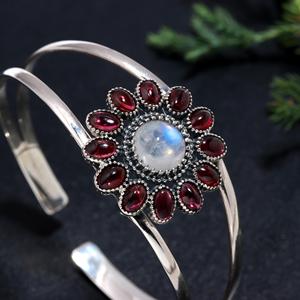 Bracelet en pierre de lune arc-en-ciel naturelle et grenat, bijoux en argent, bracelet jonc, bijoux faits à la main au prix d'usine - Product Image 3