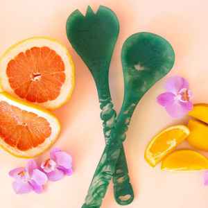 Ensemble de serveurs à salade en résine à manche ondulé de haute qualité, cuillères et fourchettes de service marbrées jaune pêche, vaisselle de cuisine pour les dîners - Product Image 6