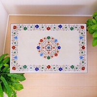 Plateau de table rectangulaire en marbre blanc poli, fait main, incrustation multicolore, style antique, artisanat en pierre, décoration de luxe pour la maison