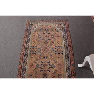 Turkish Vintage Runner Rug 2.8x9.2 ft, <b>Brown</b> Blue Plants & trees <b>Wool</b> Rug - Product Image 4