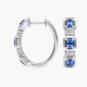 Luxury Blue Sapphire Diamond Hoop Earrings for Women 14K White Gold Cushion Cut Sapphire <b>Huggie</b> Earrings Fine Jewelry - Product Image 3