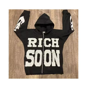 Vente en gros de sweats à capuche délavés vintage pour hommes, surdimensionnés personnalisés à la mode avec broderie de détresse et fermeture éclair pour l'automne - Product Image 2