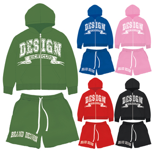 Conjuntos de pantalones cortos y sudaderas con capucha y cremallera de algodón 100% para hombre, ropa de calle OEM alta con logotipo personalizado, conjunto de pantalones cortos de 2 piezas, chándal informal para hombre - Product Image 2
