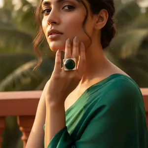 925 Silver <b>Statement</b> <b>Ring</b> for Women Handmade Geometric Design with Emerald Cut Topaz and Morganite Green Onyx Inlay Setting - Product Image 2