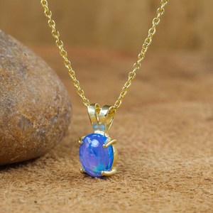 Blue Oval Opal Pendant Necklace For Women Fire Opal Vintage Gemstone Jewelry 925 Sterling Silver 14K Gold Plated - Product Image 5