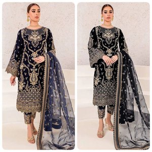 Collection de costumes Salwar de couleur bleu marine tendance avec bordure en dentelle Moti de travail de séquence de broderie lourde fantaisie en soie Chinnon pure - Product Image 6