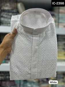 Chikankari kurta ชุดเสื้อกางเกงลำลองสำหรับผู้ชายสไตล์อินเดียสำหรับงานแต่งและงานเทศกาล - Product Image 4